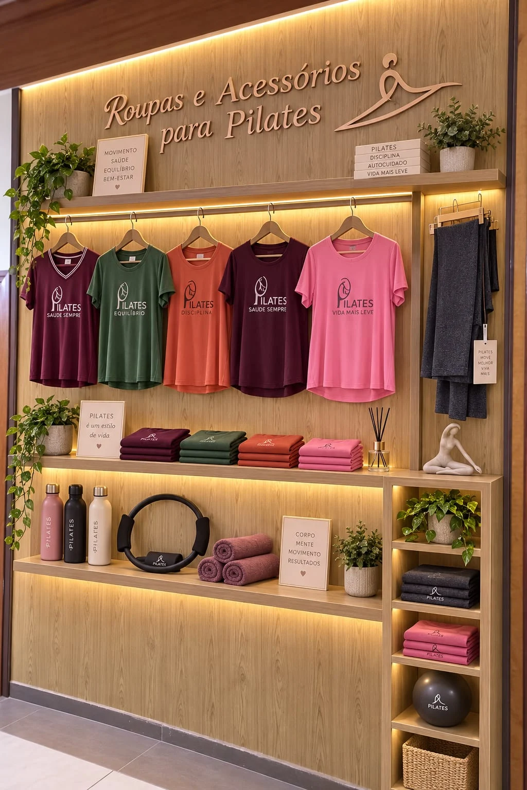 Loja na clínica com roupas de Pilates, garrafas, toalhas e acessórios expostos em prateleiras de madeira