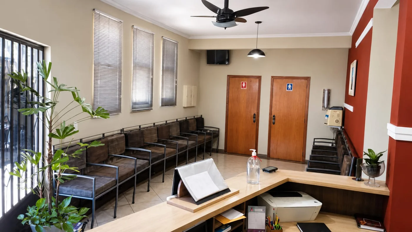 Recepção da Clínica Saúde San Marin, com cadeiras de espera e iluminação natural